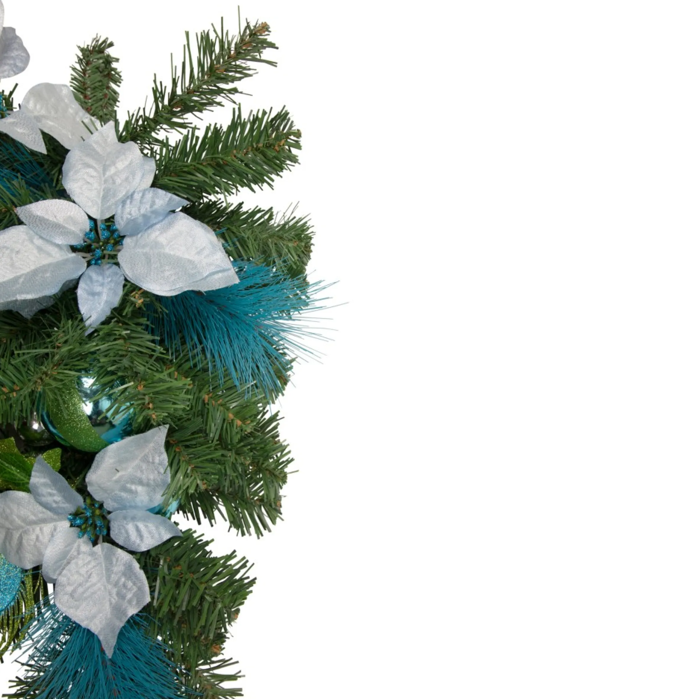 22" Peacock Feather And Poinsettia Artificial Christmas Teardrop Swag, Unlit