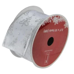 Pearl White And Silver Glitter Trees Wired Christmas Craft Ribbon 2.5 X 10 Yards