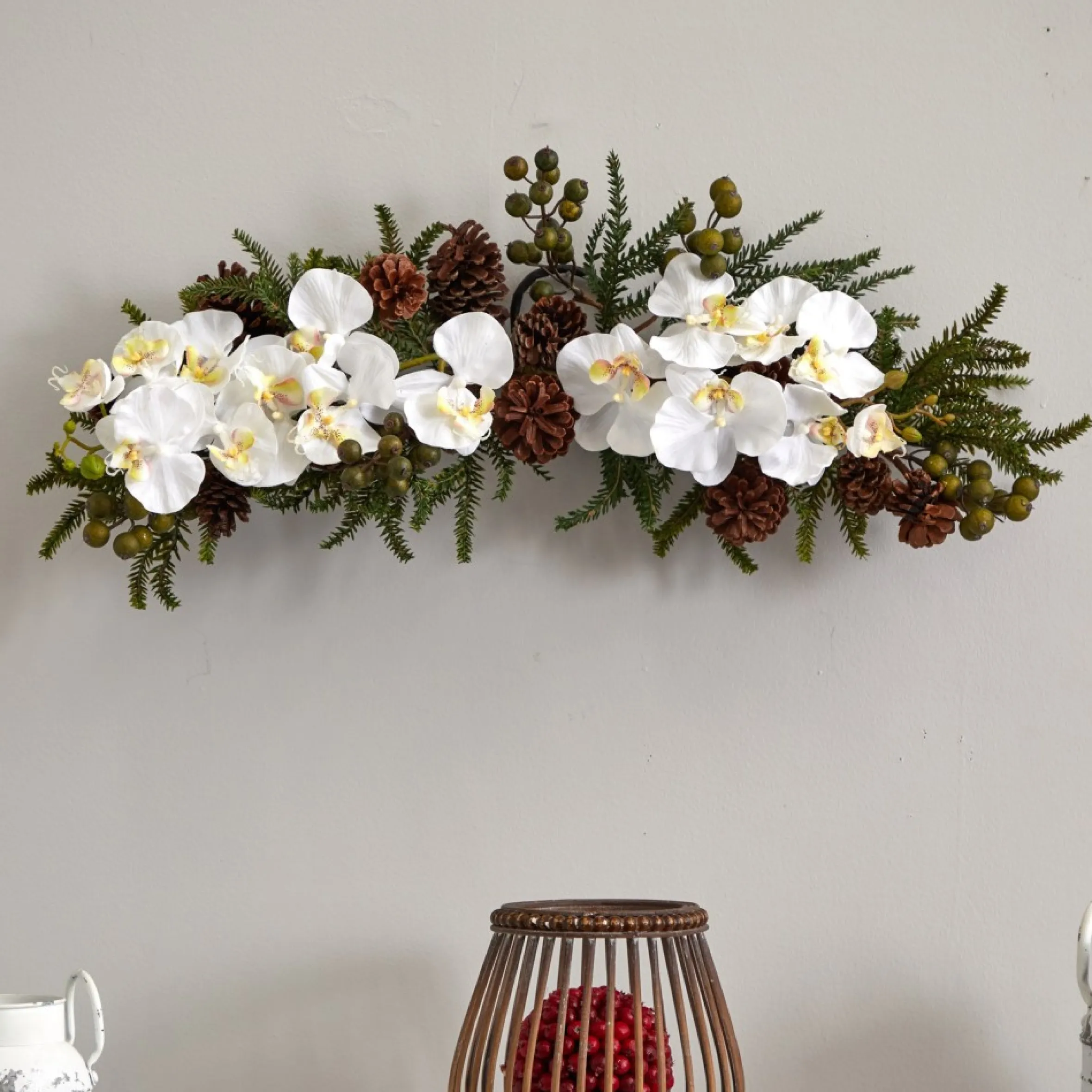 30" Phalaenopsis Orchid And Pine Artificial Christmas Swag, Unlit