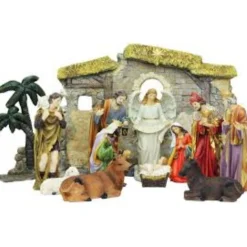 13-Piece Gray Traditional Religious Christmas Nativity Figurine With Stable 23.25