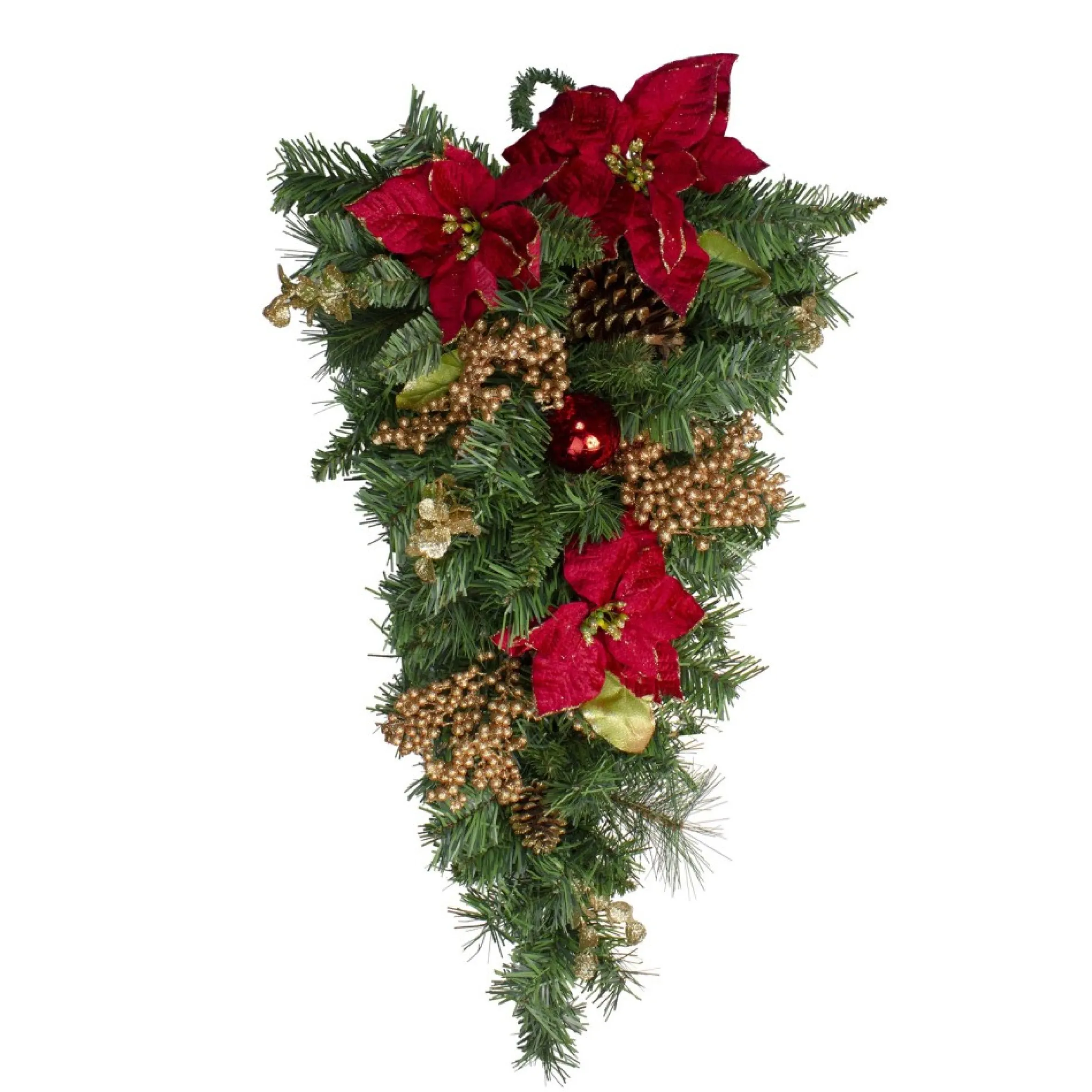 32" Pine And Poinsettias Artificial Christmas Teardrop Swag - Unlit
