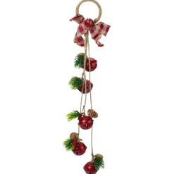 15" Pine And Red Jingle Bell Christmas Door Hanger With Plaid Bow