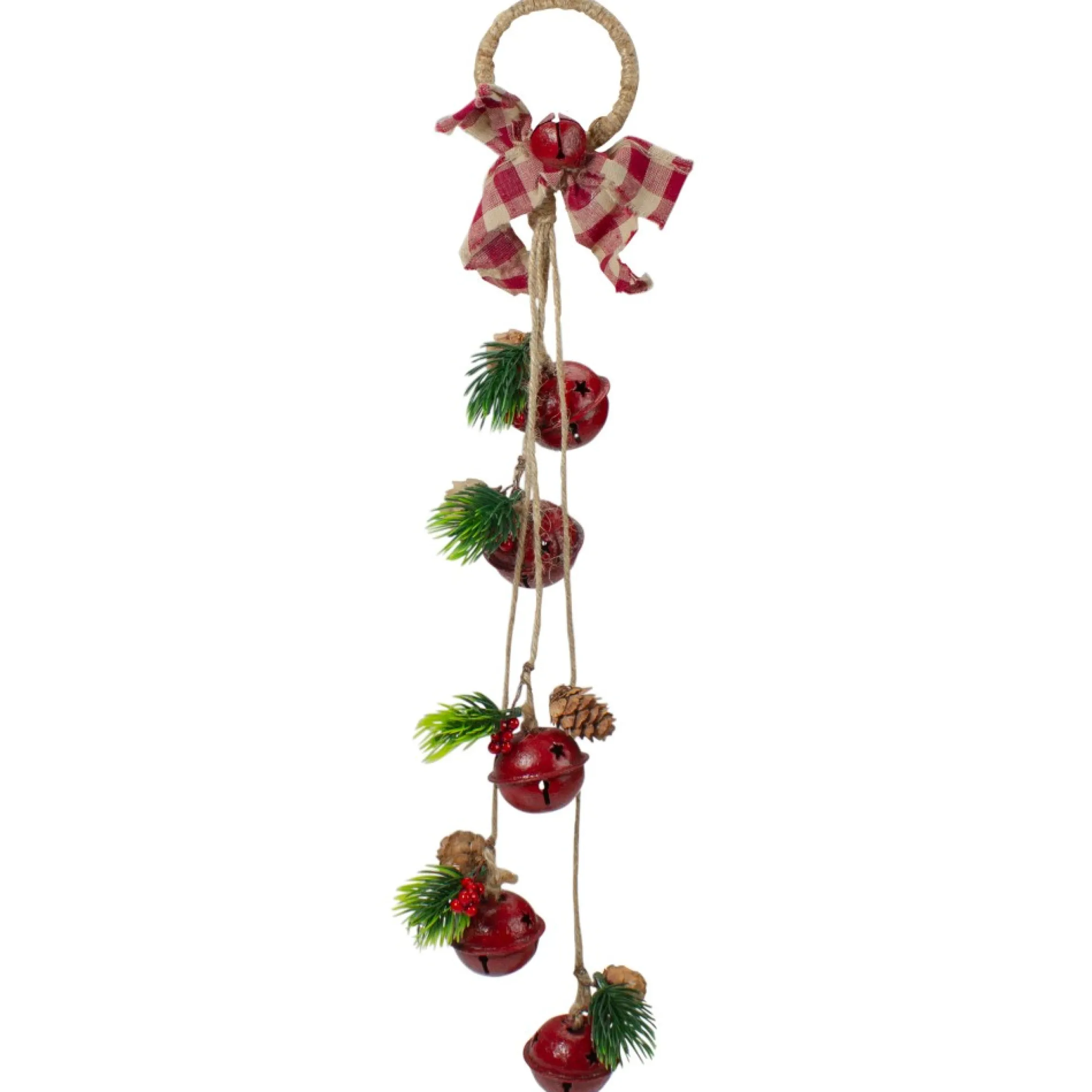 15" Pine And Red Jingle Bell Christmas Door Hanger With Plaid Bow