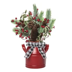 16" Pinecone And Berry Christmas Tabletop Decoration In Milk Can
