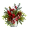12" Pine Cones And Berries Artificial Christmas Arrangement In Decorative Vase