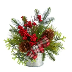 12" Pine Cones And Berries Artificial Christmas Arrangement In Decorative Vase