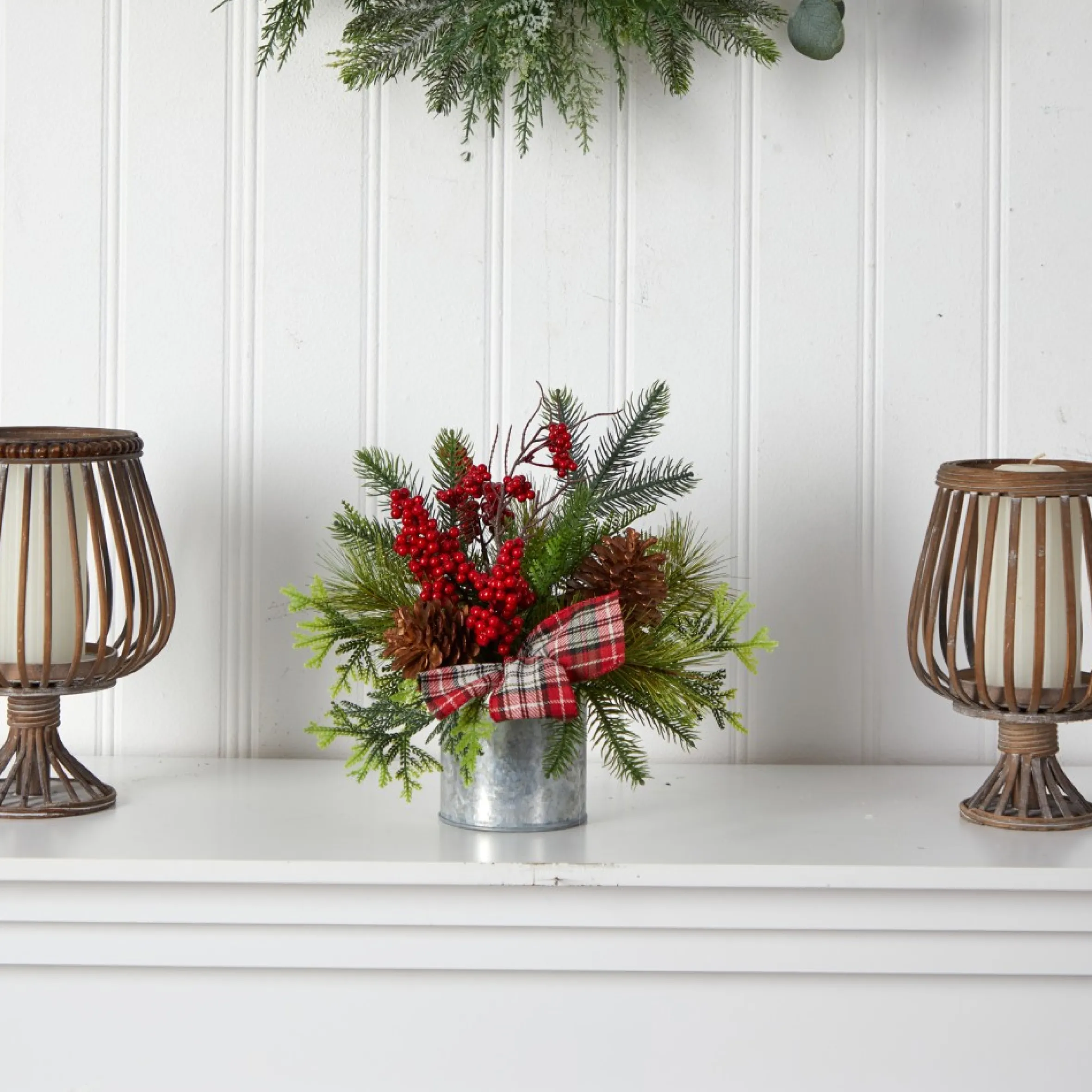 12" Pine Cones And Berries Artificial Christmas Arrangement In Decorative Vase