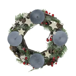 12" Pine Cones, Berries With Stars Christmas Votive Candle Holder