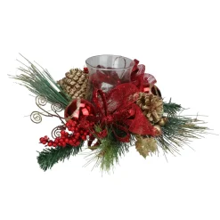 18" Pine Sprigs And Glittered Berries Christmas Hurricane Candle Holder