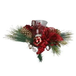 18" Pine Sprigs And Glittered Berries Christmas Hurricane Candle Holder
