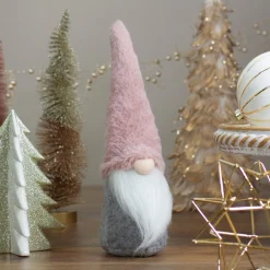 11" Pink And Gray Standing Gnome Christmas Decoration