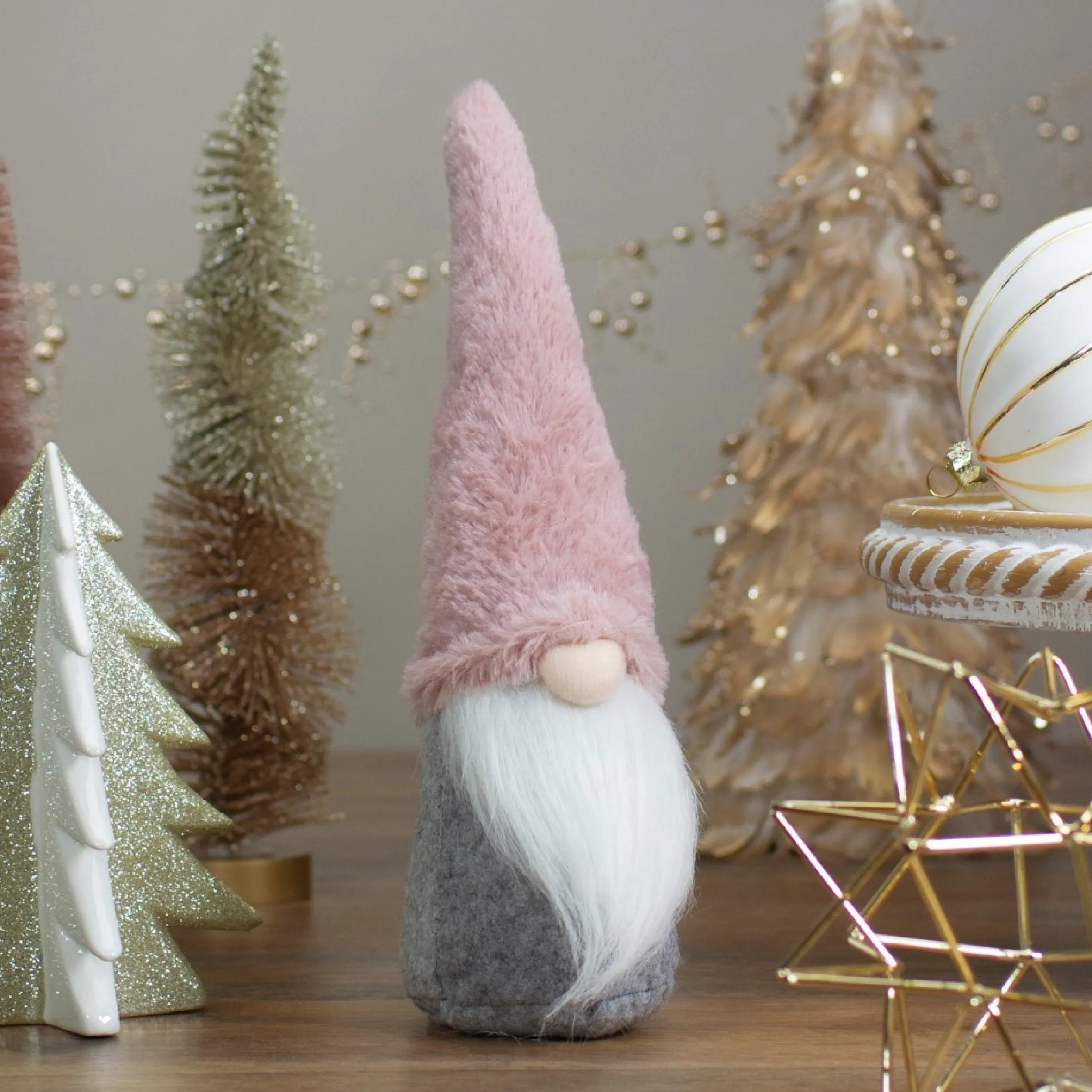 11" Pink And Gray Standing Gnome Christmas Decoration