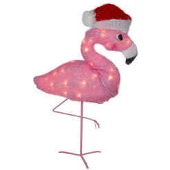 24" Pink Flamingo In Santa Hat Outdoor Christmas Decoration