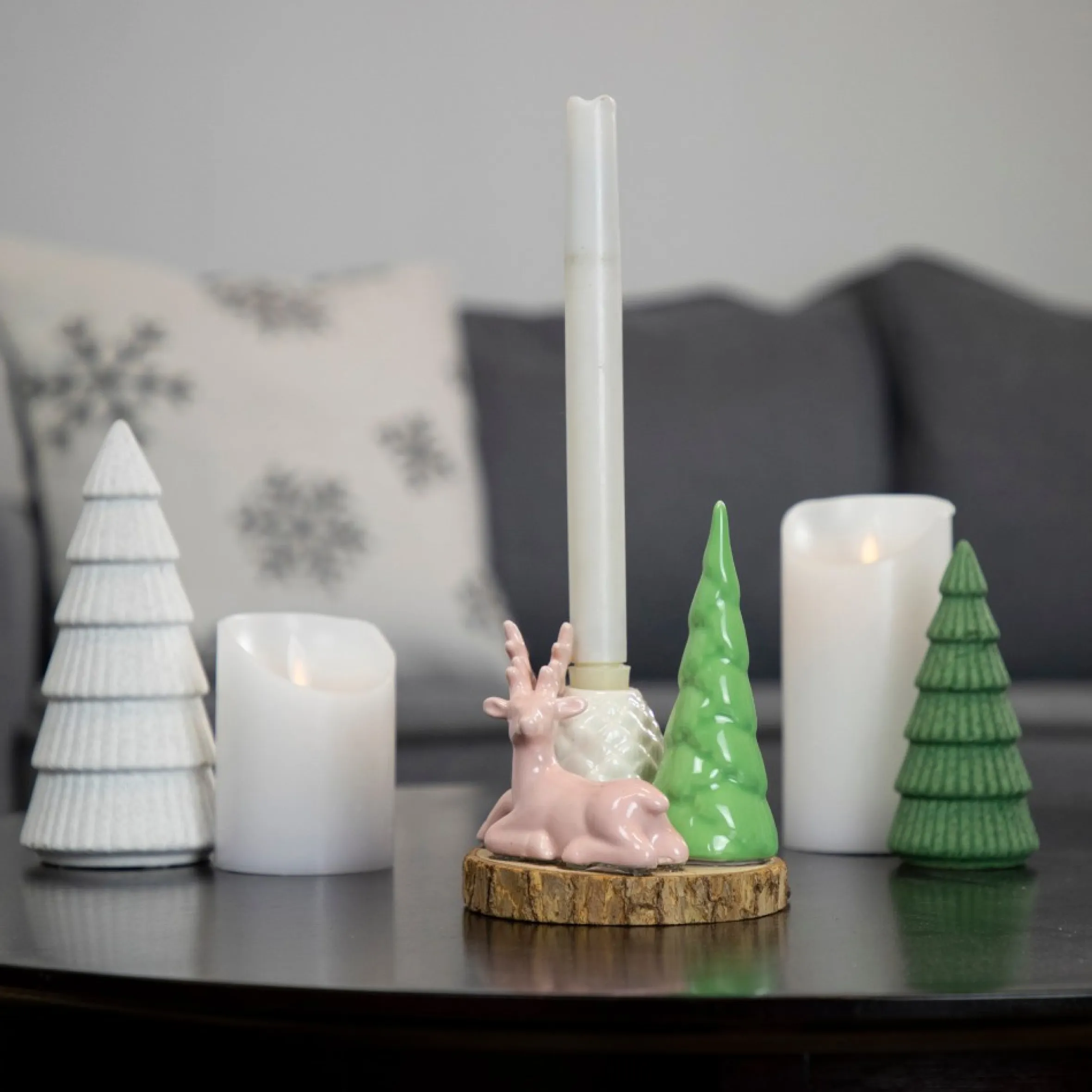 6" Pink Reindeer With Tree And Pine Cone Christmas Taper Candle Holder