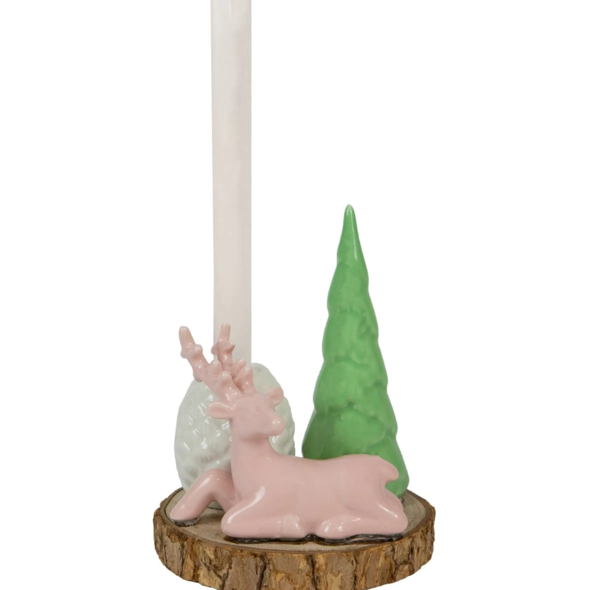 6" Pink Reindeer With Tree And Pine Cone Christmas Taper Candle Holder