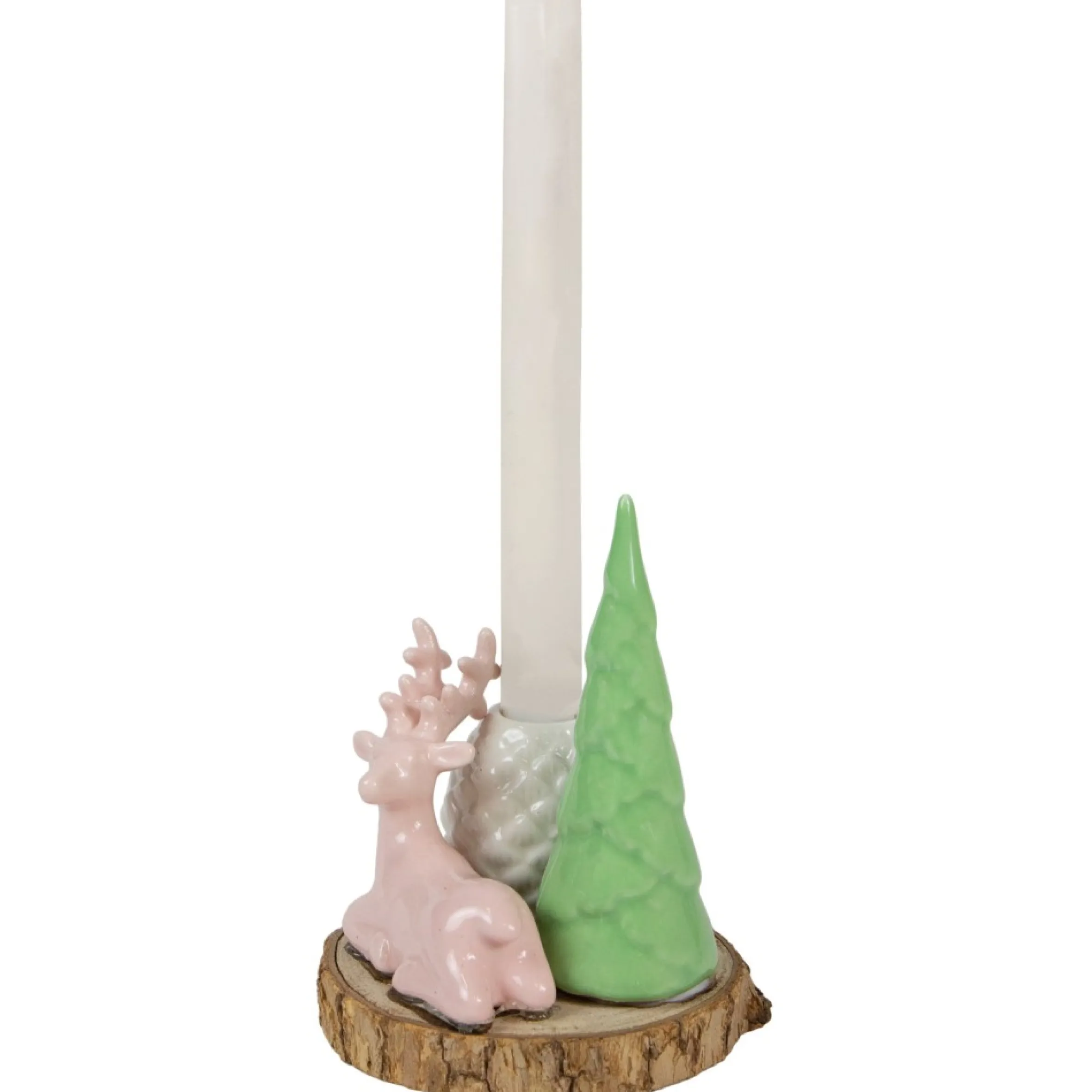 6" Pink Reindeer With Tree And Pine Cone Christmas Taper Candle Holder