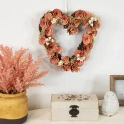 10" Pink Wooden Rose Heart Spring Wreath With Butterflies