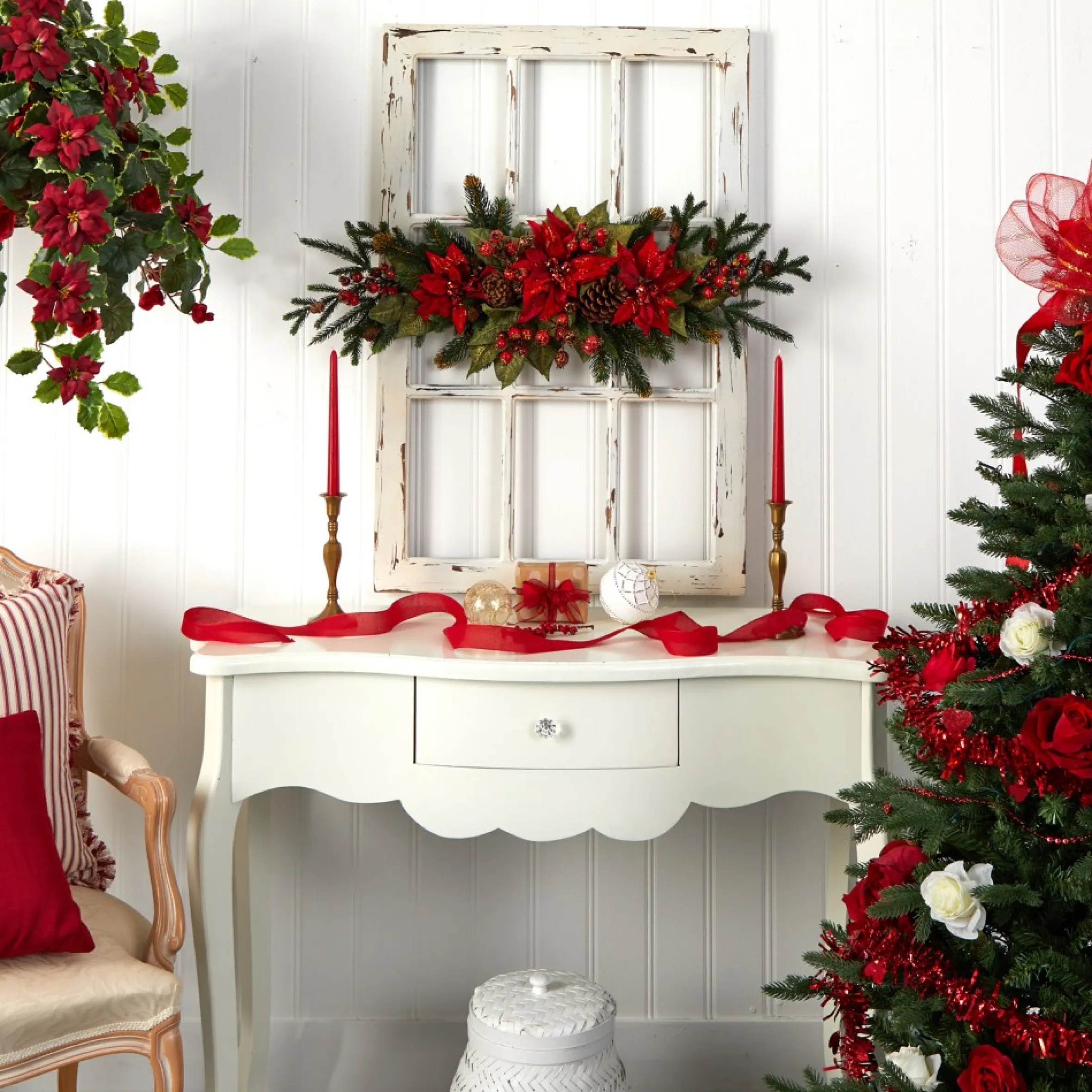 36" Poinsettia And Berries Artificial Floral Christmas Centerpiece