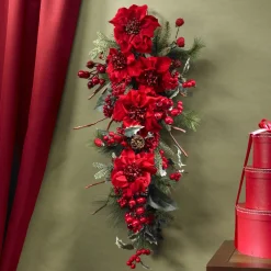 30" Poinsettia Artificial Christmas Teardrop Swag, Unlit