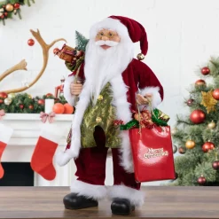 24" Poinsettia Santa Claus With Gift Bag Christmas Figure