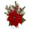 15" Poinsettia With Pine And Berries Christmas Artificial Arrangement In Vase