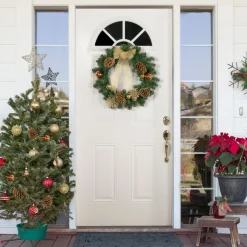 Pre-Decorated Ball Ornaments And Bow Artificial Christmas Wreath, 24-Inch, Unlit