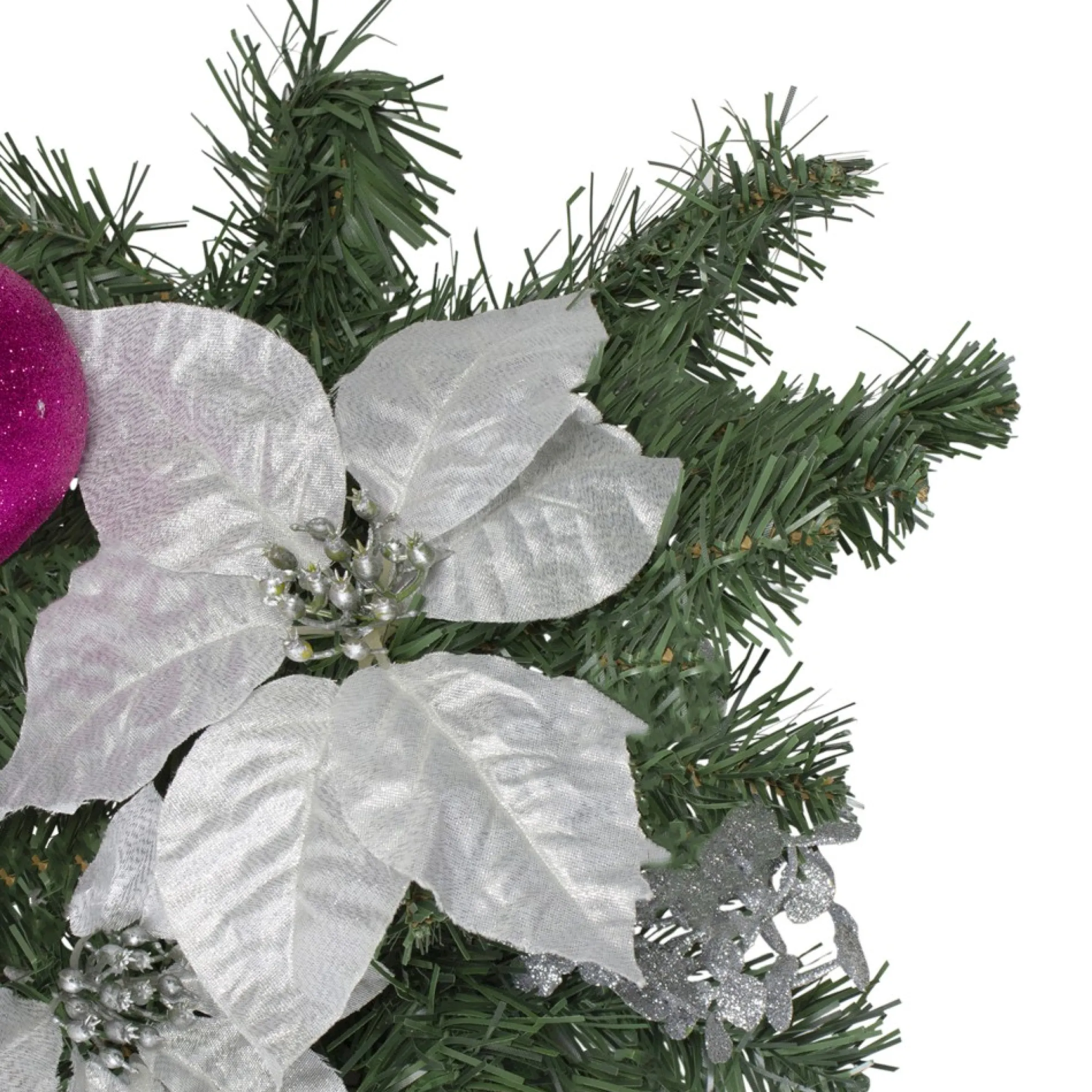 24" Pre-Decorated Pink Ball Ornament And Poinsettia Artificial Christmas Teardrop Swag, Unlit