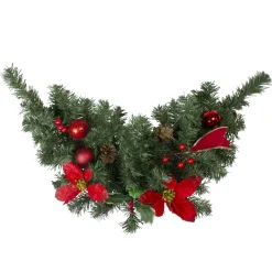 24" Pre-Decorated Red Poinsettia, Pine Cone And Ball Artificial Christmas Swag, Unlit