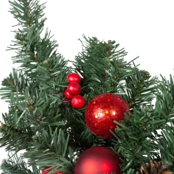 24" Pre-Decorated Red Poinsettia, Pine Cone And Ball Artificial Christmas Swag, Unlit