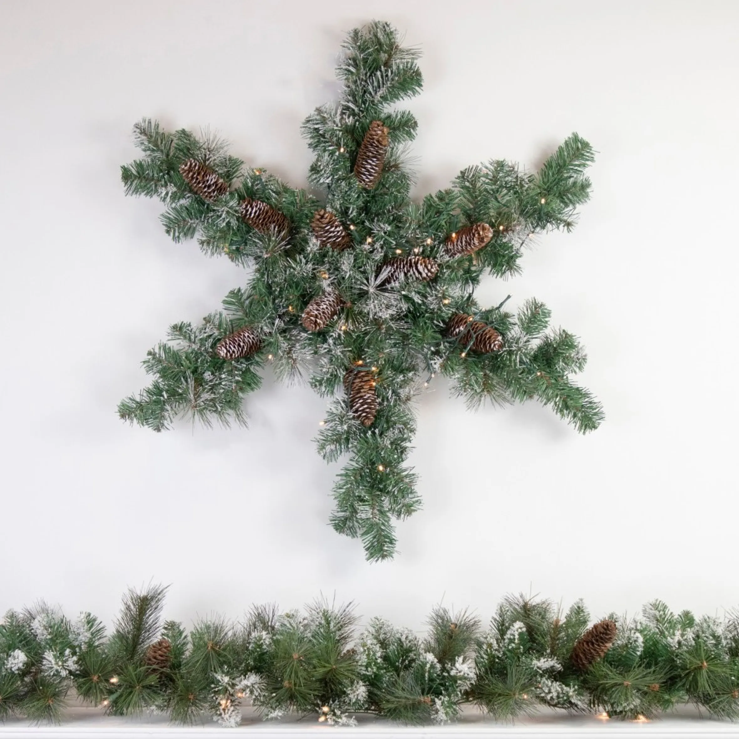 32" Pre-Lit Artificial Frosted Mixed Pine Christmas Snowflake Wreath