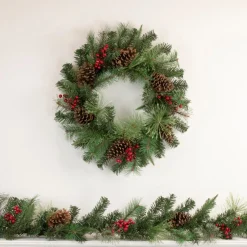 24" Pre-Lit Artificial Mixed Pine And Berries Christmas Wreath