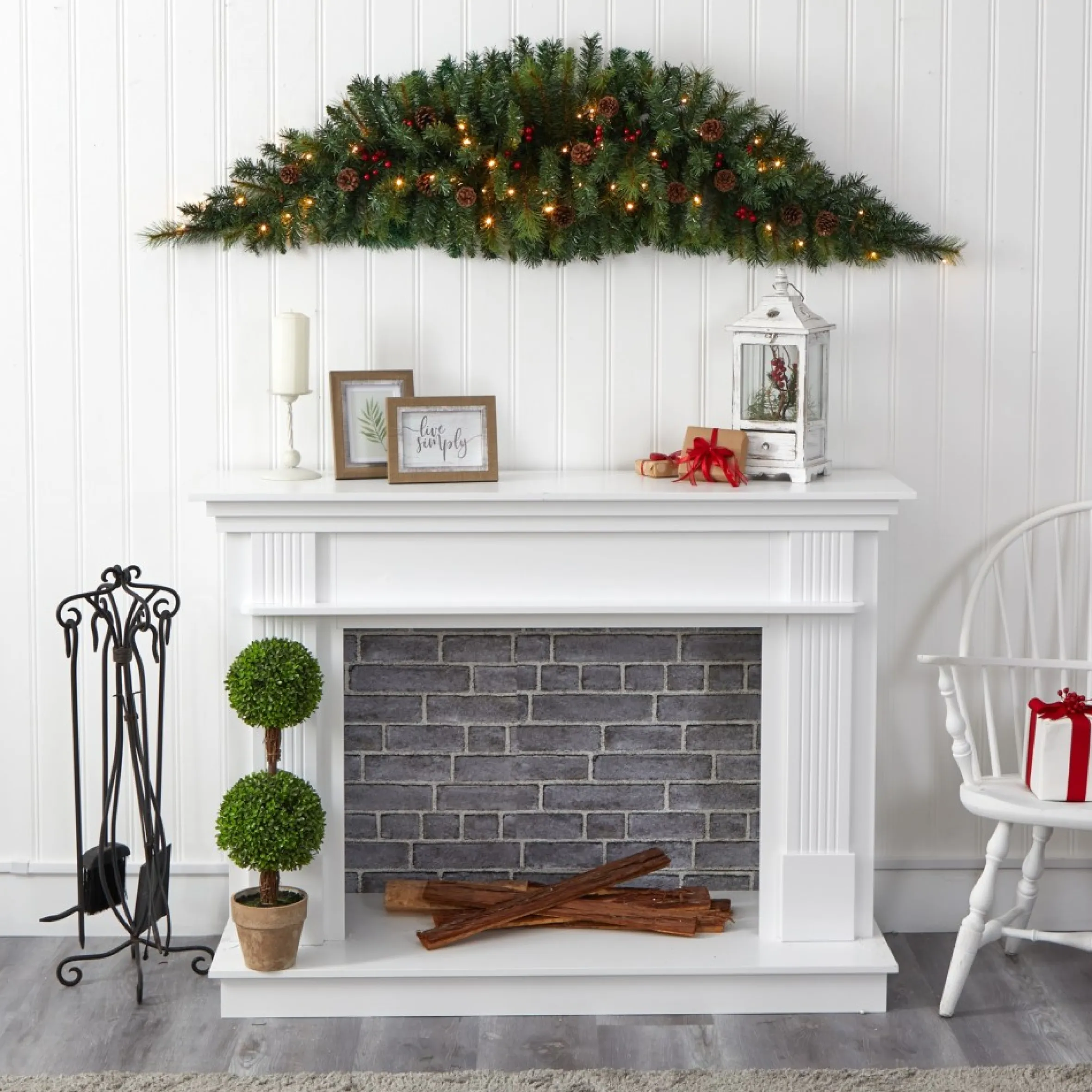 6' Pre-Lit Berries And Pine Cones Artificial Christmas Swag, Led Lights