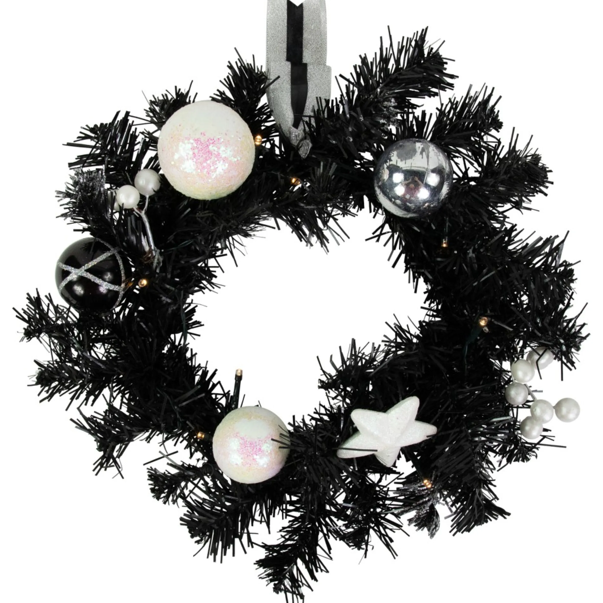 16" Pre-Lit Decorated Black Pine Artificial Christmas Wreath, Cool White Led Lights