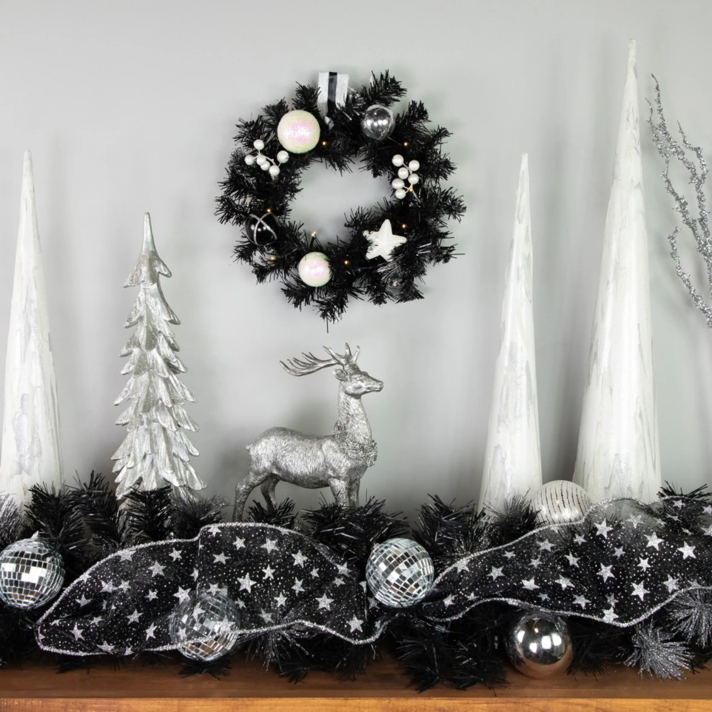 16" Pre-Lit Decorated Black Pine Artificial Christmas Wreath, Cool White Led Lights