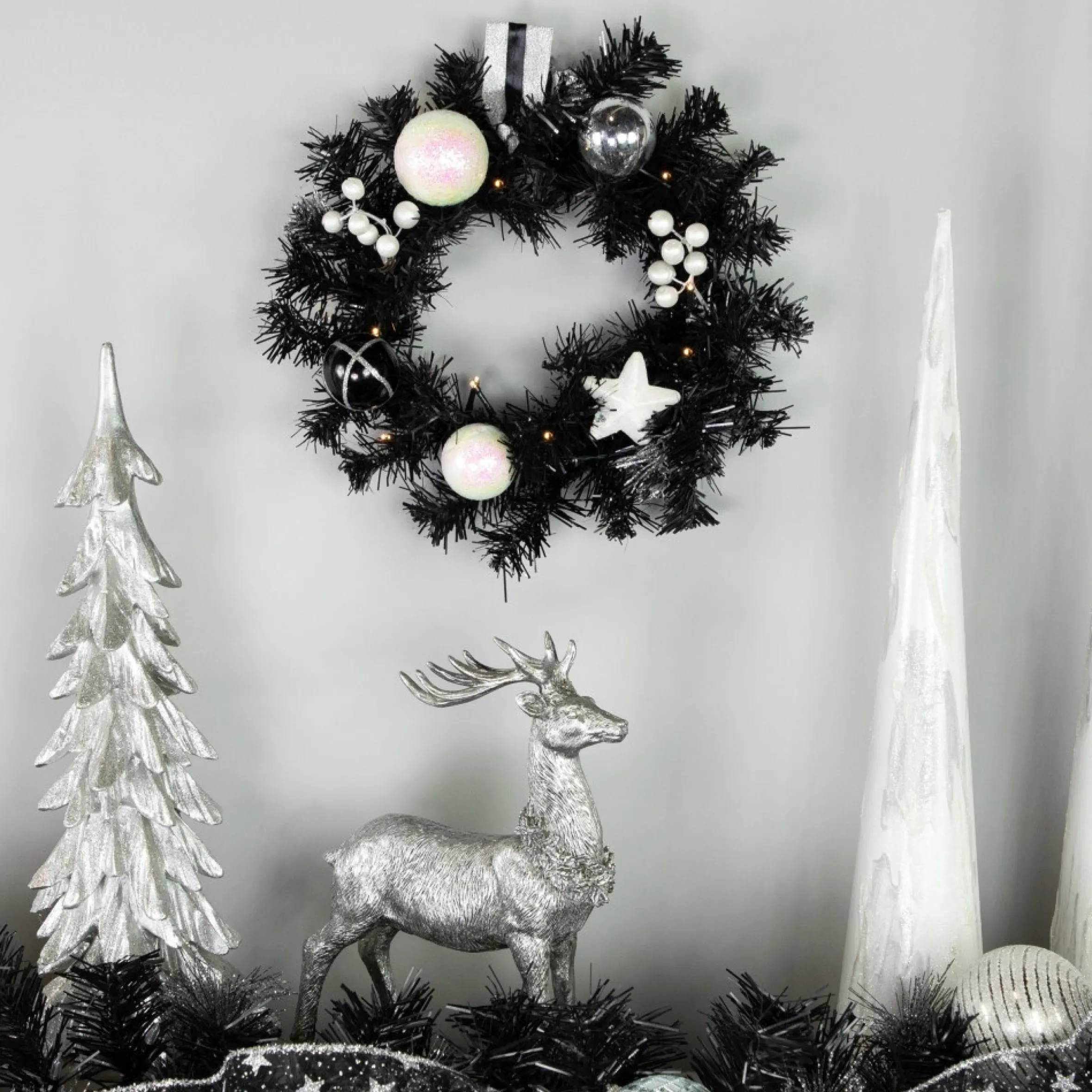 16" Pre-Lit Decorated Black Pine Artificial Christmas Wreath, Cool White Led Lights