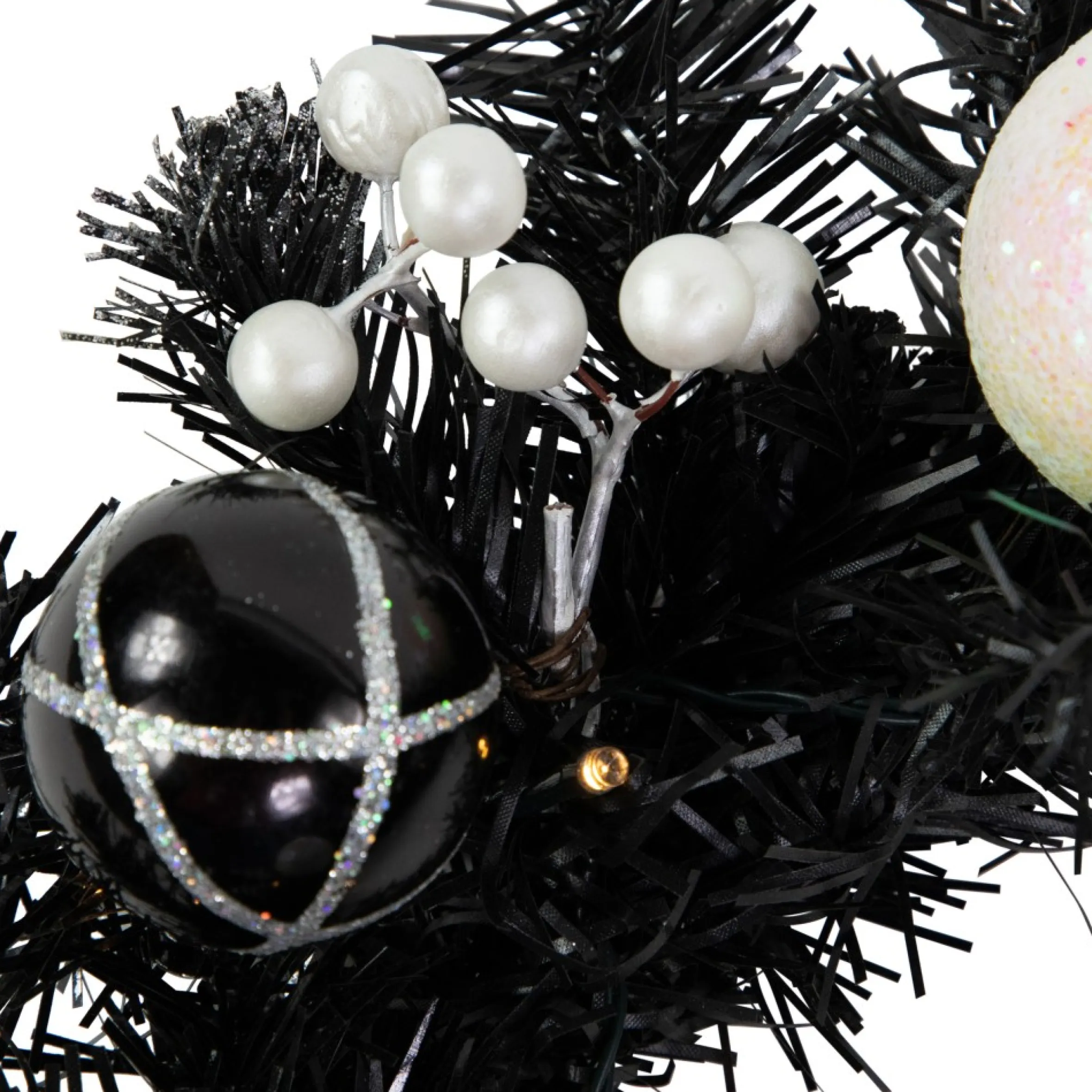 16" Pre-Lit Decorated Black Pine Artificial Christmas Wreath, Cool White Led Lights