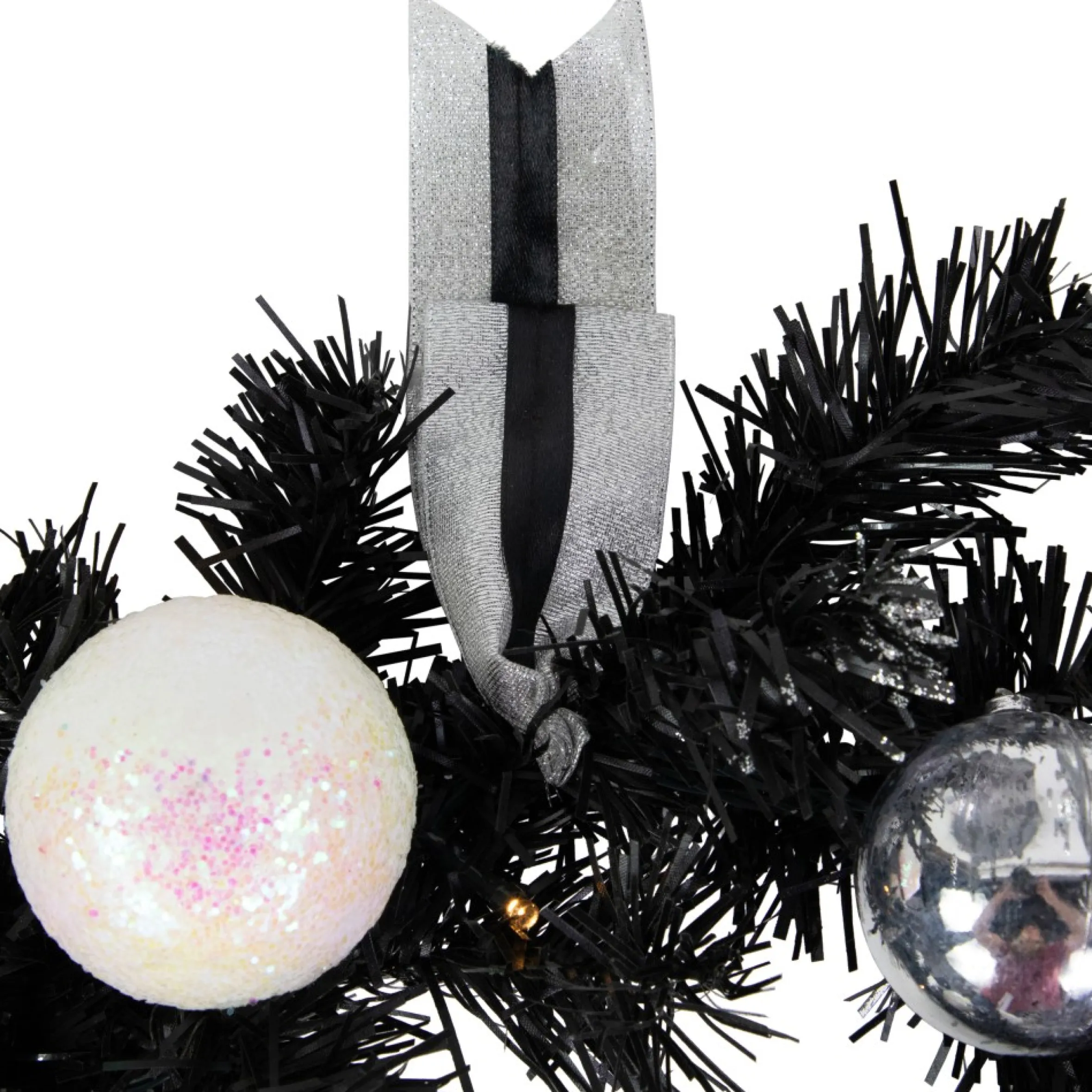 16" Pre-Lit Decorated Black Pine Artificial Christmas Wreath, Cool White Led Lights