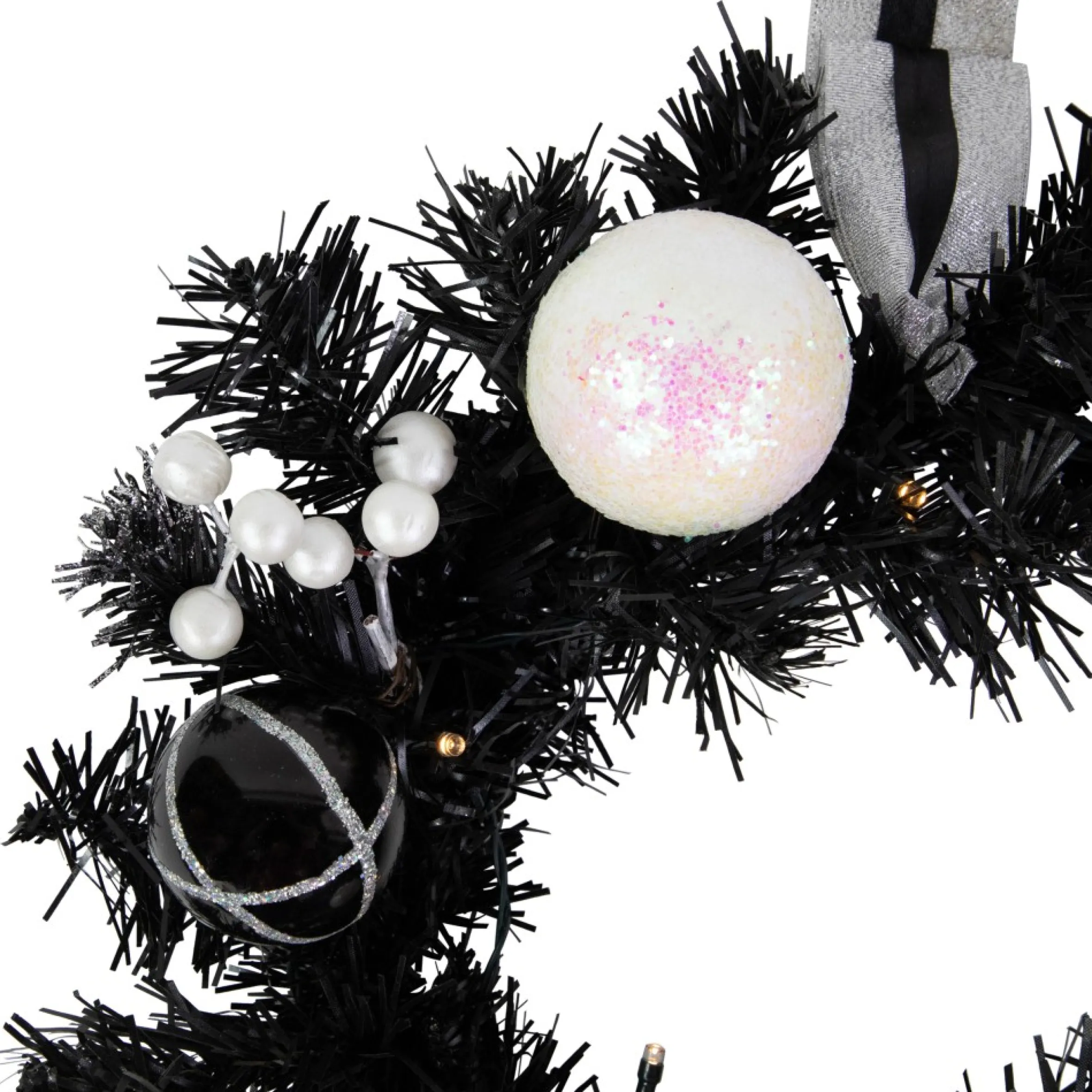16" Pre-Lit Decorated Black Pine Artificial Christmas Wreath, Cool White Led Lights