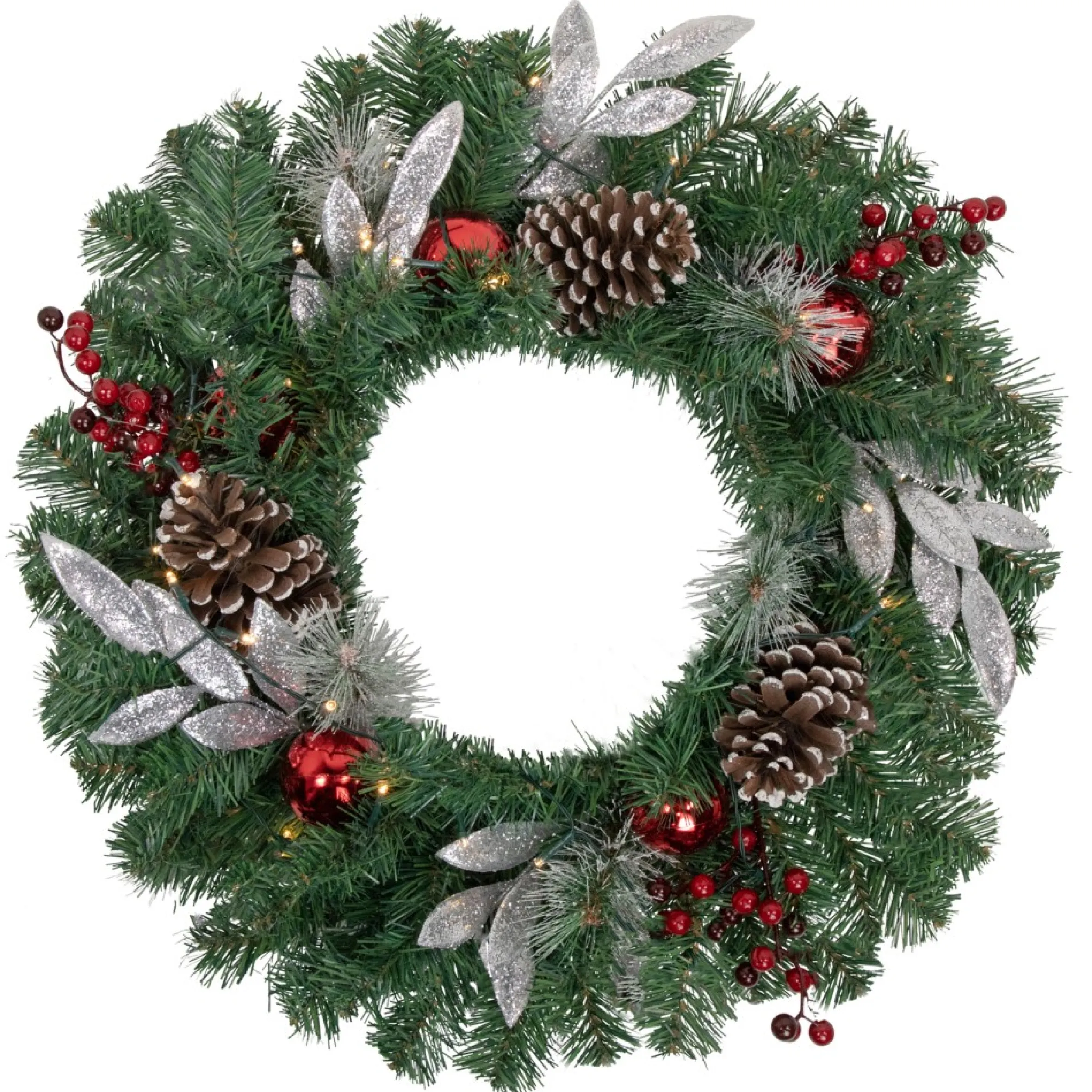 24" Pre-Lit Decorated Frosted Pine Cone And Berries Artificial Christmas Wreath