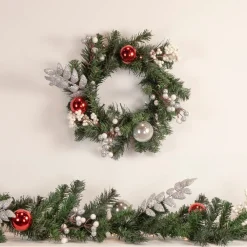 16" Pre-Lit Decorated Green Pine Artificial Christmas Wreath, Warm White Led Lights