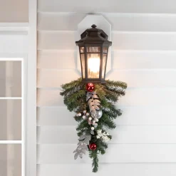 20" Pre-Lit Decorated Green Pine Artificial Teardrop Christmas Swag, Cool White Led Lights