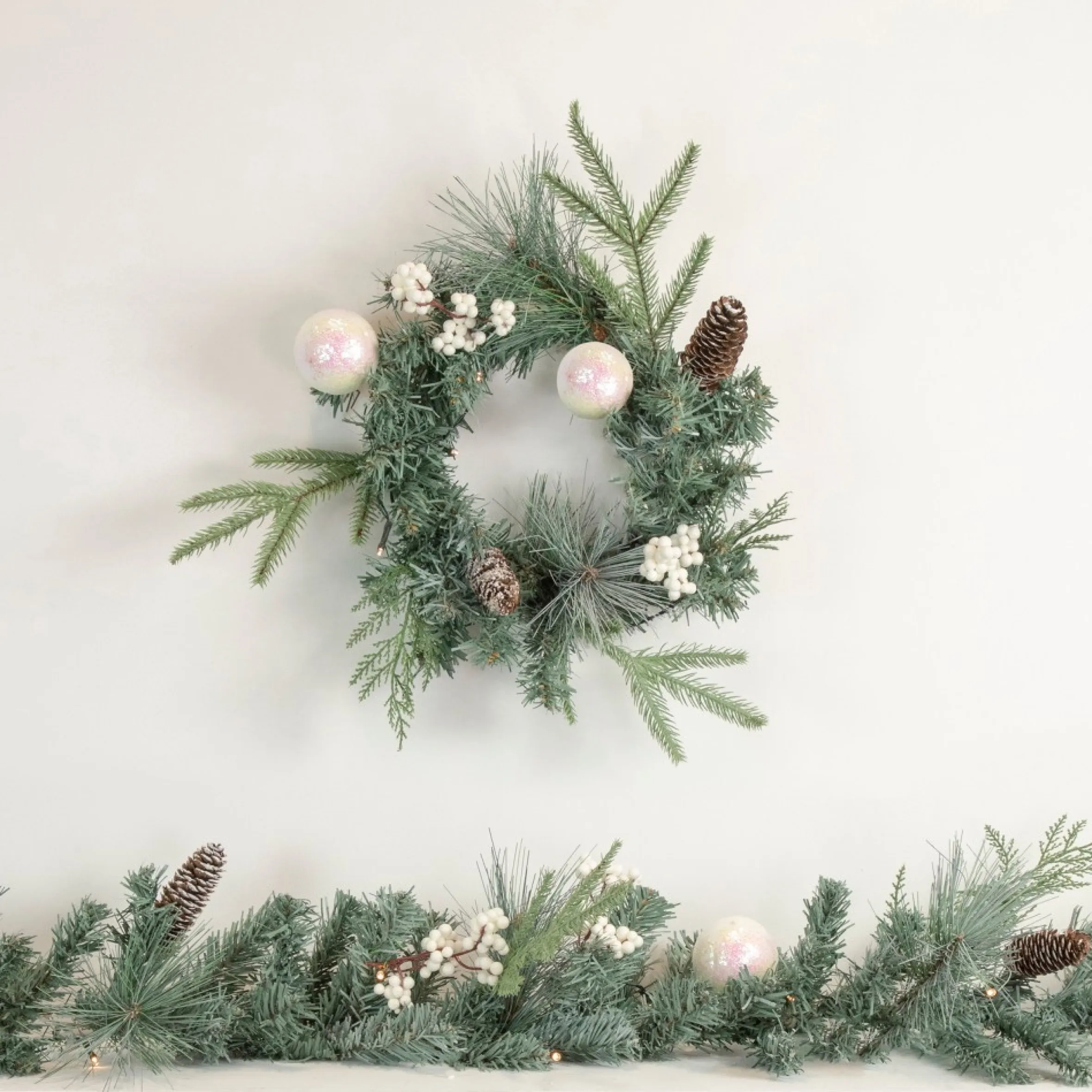 16" Pre-Lit Decorated Mixed Pine And White Berries Artificial Christmas Wreath