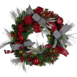 Pre-Lit Decorated Plaid And Houndstooth Artificial Christmas Wreath - 24-Inch, Warm White Lights
