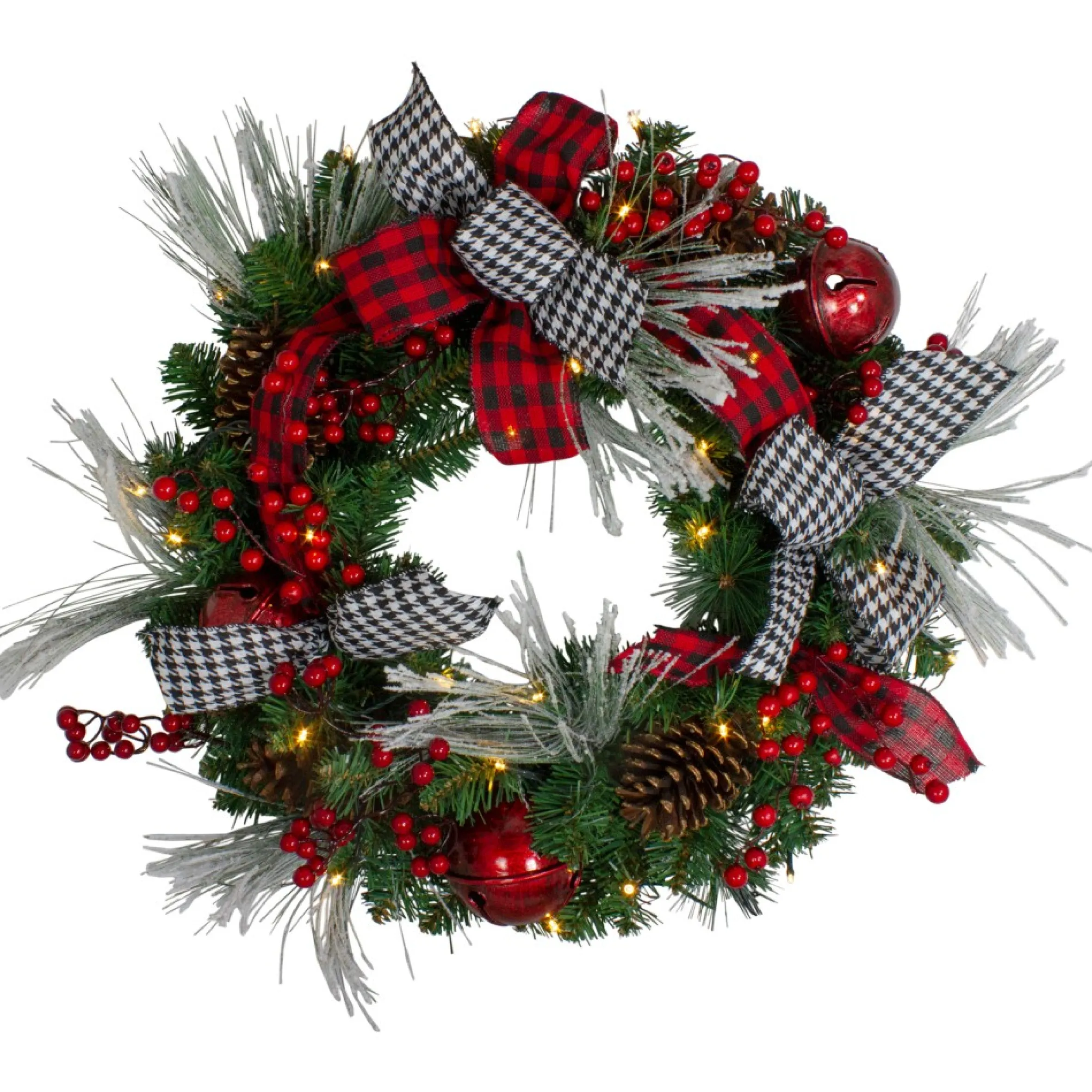 Pre-Lit Decorated Plaid And Houndstooth Artificial Christmas Wreath - 24-Inch, Warm White Lights