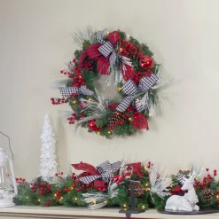 Pre-Lit Decorated Plaid And Houndstooth Artificial Christmas Wreath - 24-Inch, Warm White Lights