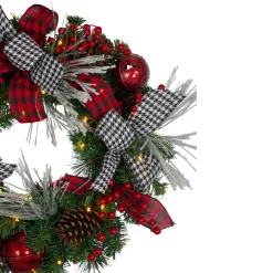 Pre-Lit Decorated Plaid And Houndstooth Artificial Christmas Wreath - 24-Inch, Warm White Lights