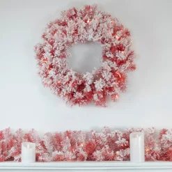 Pre-Lit Flocked Red Artificial Christmas Wreath, 36 Inch, Clear Lights