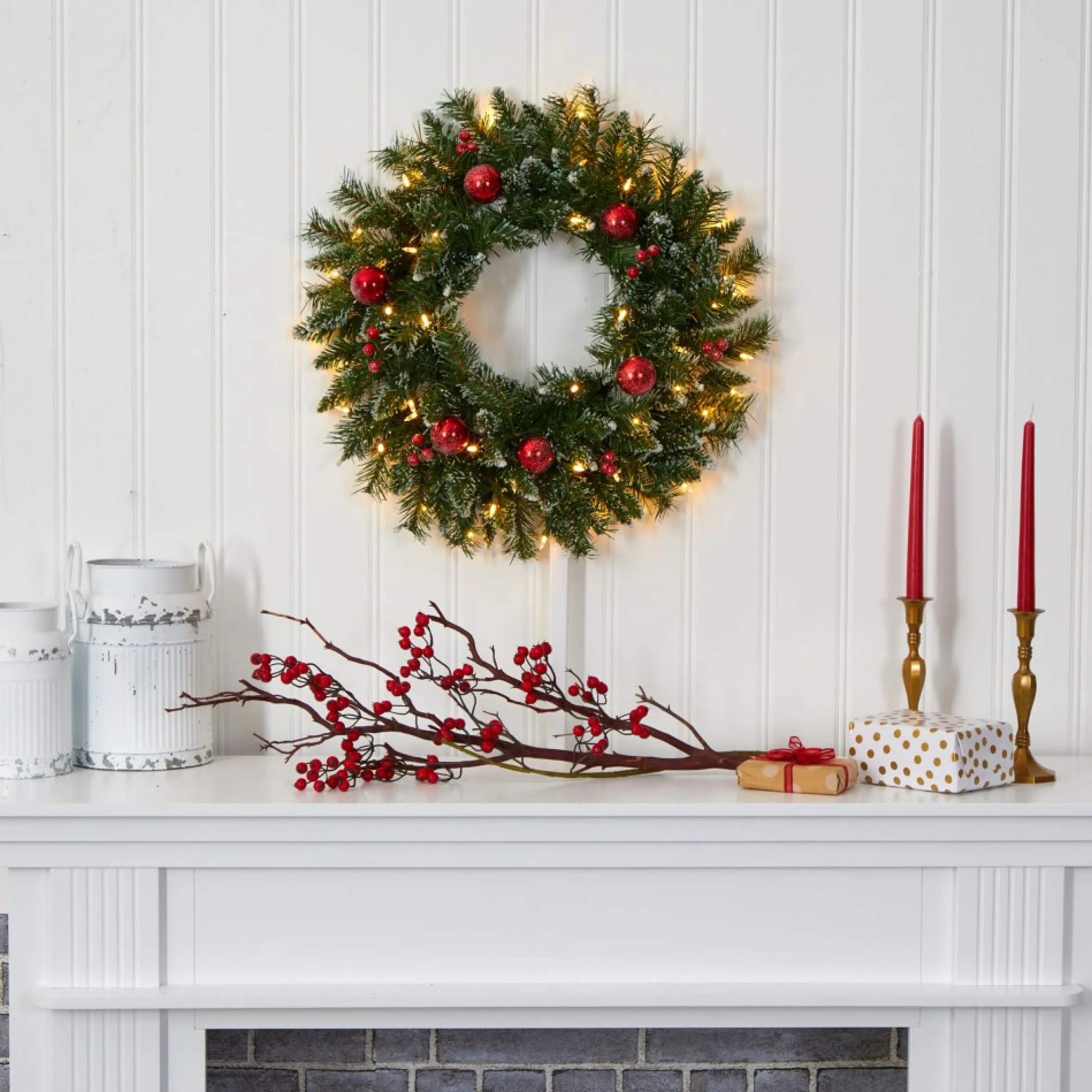 Pre-Lit Frosted Artificial Christmas Wreath, 24-Inch, Clear Led Lights