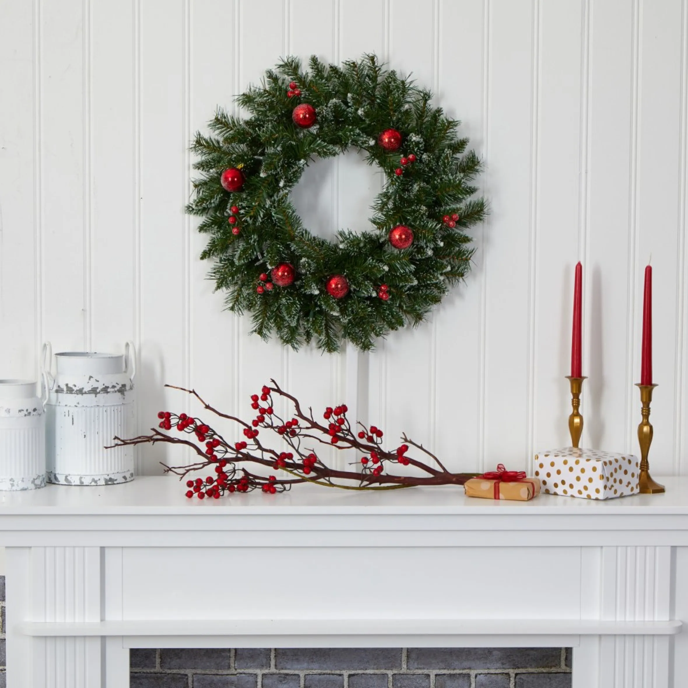 Pre-Lit Frosted Artificial Christmas Wreath, 24-Inch, Clear Led Lights