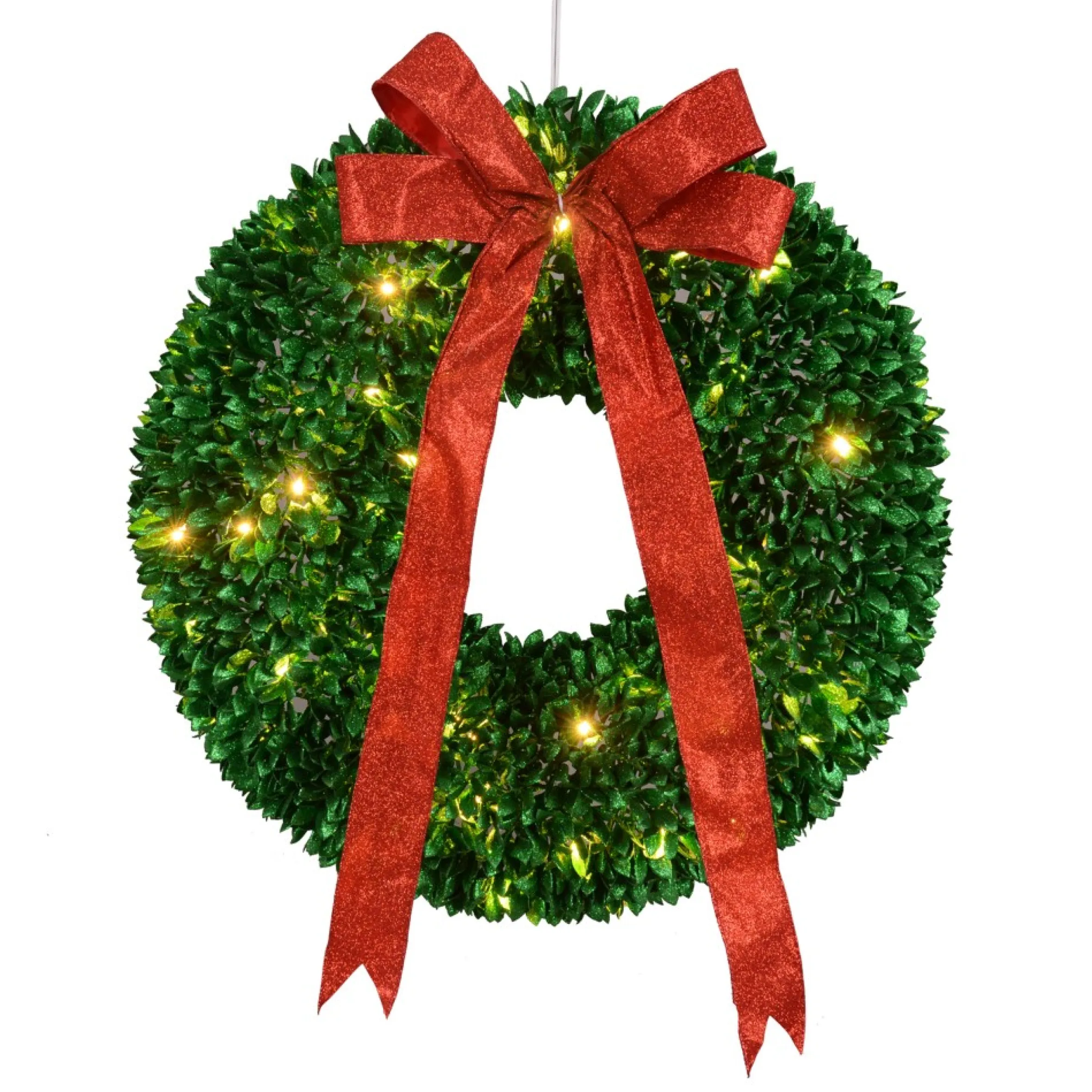 Pre-Lit Glittered Leaves Artificial Christmas Wreath - 28-Inch, Clear Lights